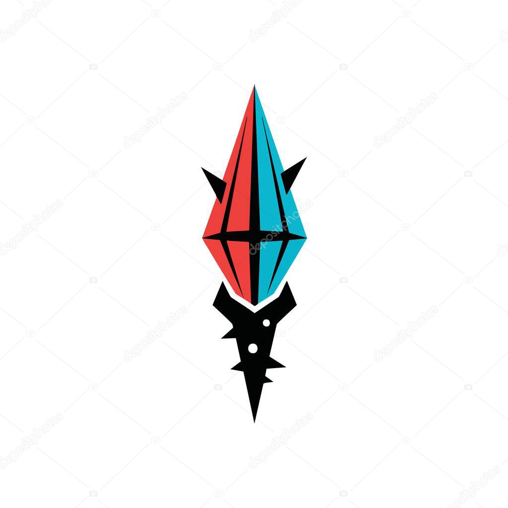 Dual Tone Abstract Glyph Design. This striking geometric emblem features contrasting crimson and cerulean facets on a dark, pointed base. It embodies duality, power, and modern fantasy themes.