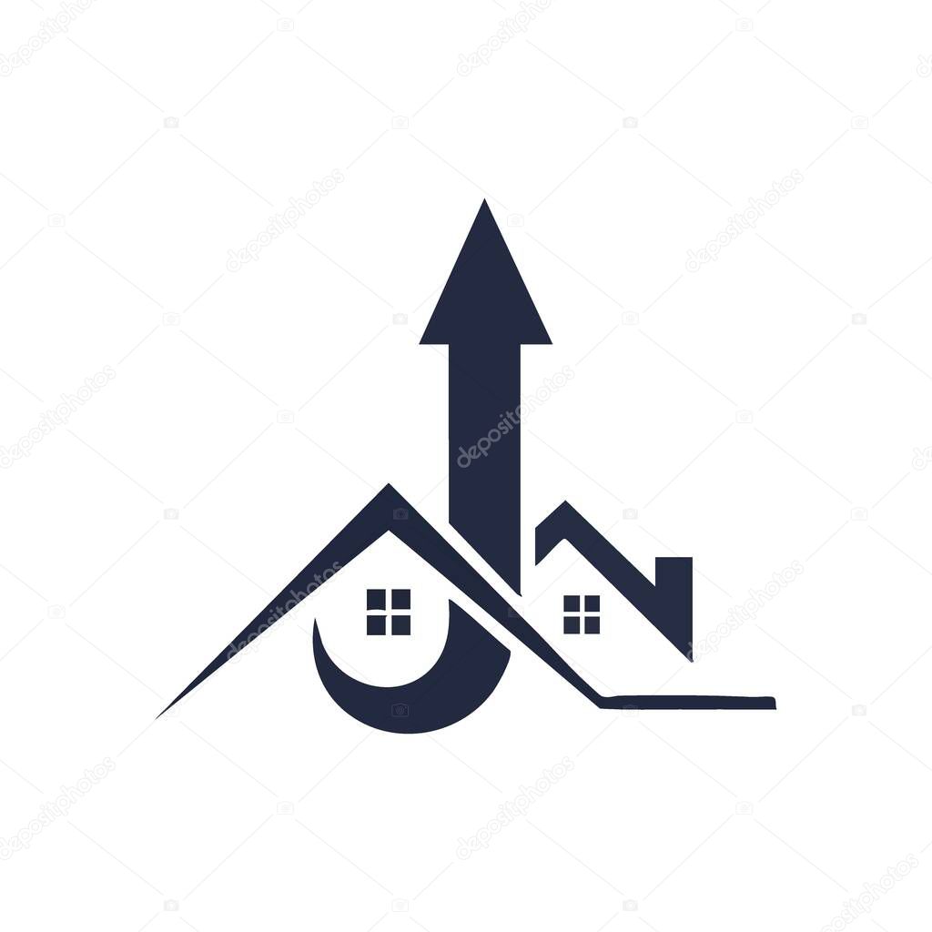 Real Estate Prosperity Emblem. A modern graphic combining residential buildings with an ascending arrow, signifying successful property appreciation and strong market advancement.