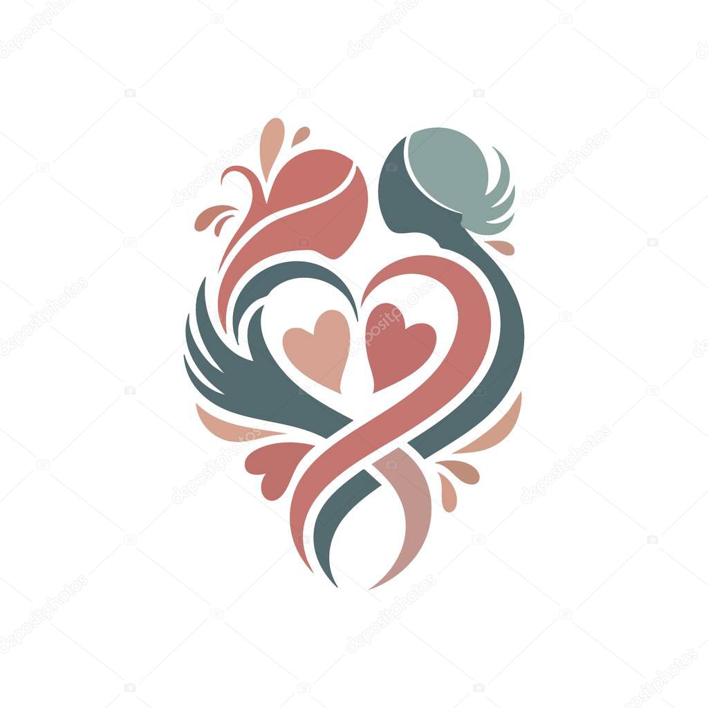 Abstract Figures Loving Hearts Bond. Artistic rendering of entwined forms with hearts, portraying deep affection, family unity, and a nurturing partnership.