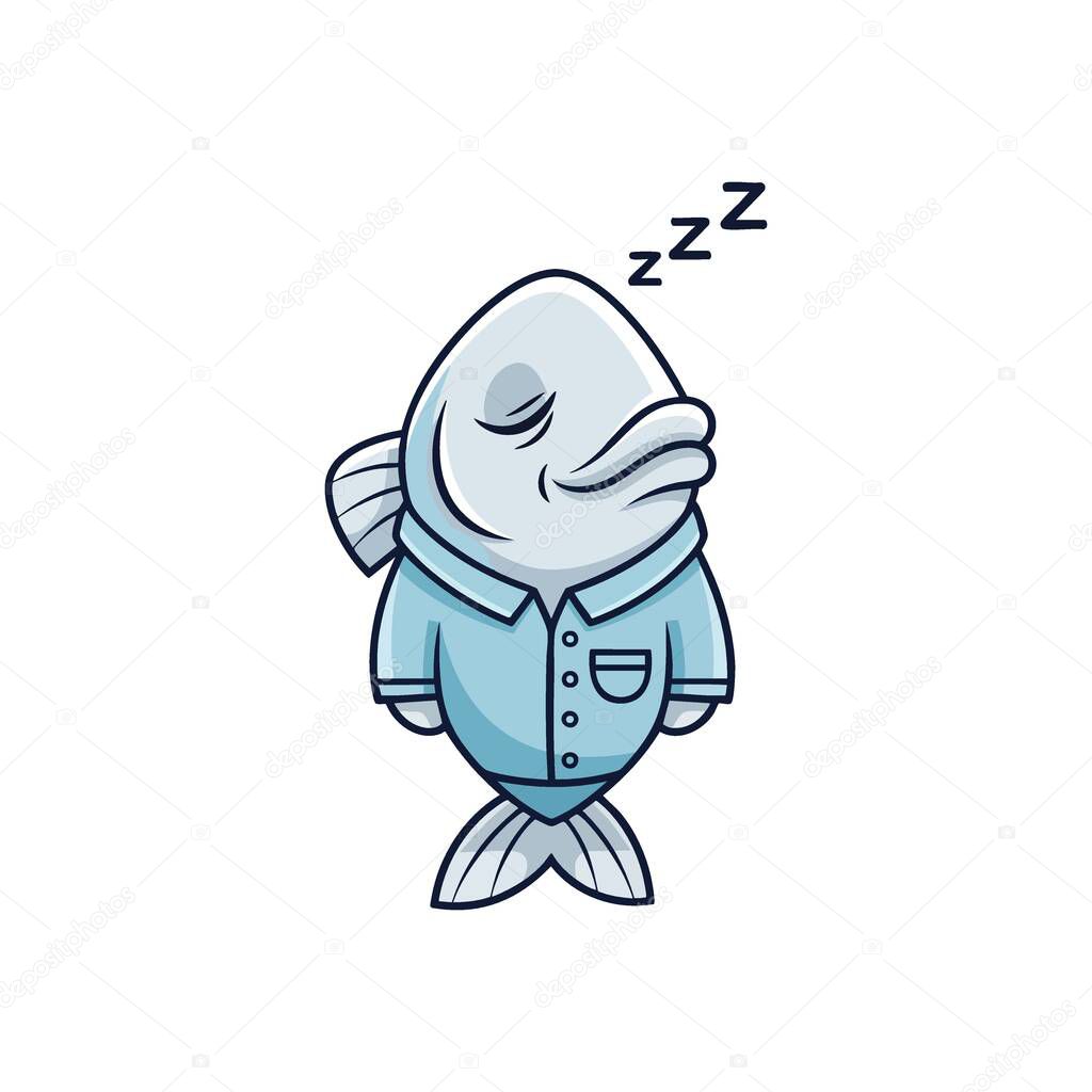 Cartoon Fish in Pajamas Asleep. An adorable aquatic creature enjoys a tranquil slumber. This charming illustration symbolizes deep rest, serenity, and sweet dreams.