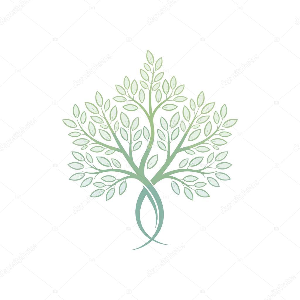 Natural Tree Design Emblem. Abstract graphic of a flourishing plant with an elegant, intertwined base. Its verdant foliage symbolizes vitality, well-being, and environmental balance.