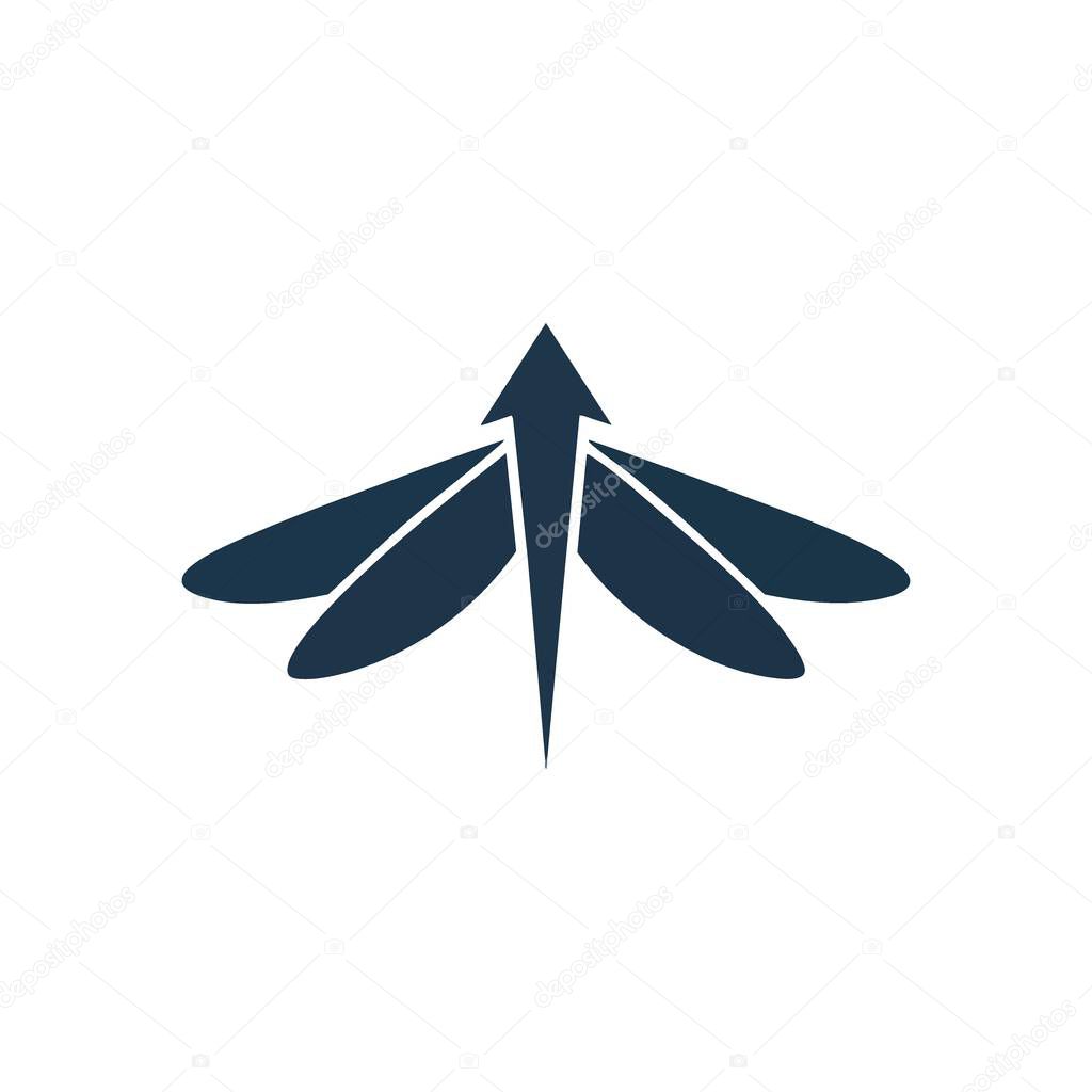 Ascending Dragonfly Arrow Icon. This sleek emblem merges an insect silhouette with a directional shape, conveying progress and future growth. Symbolizes aspiration and innovation.