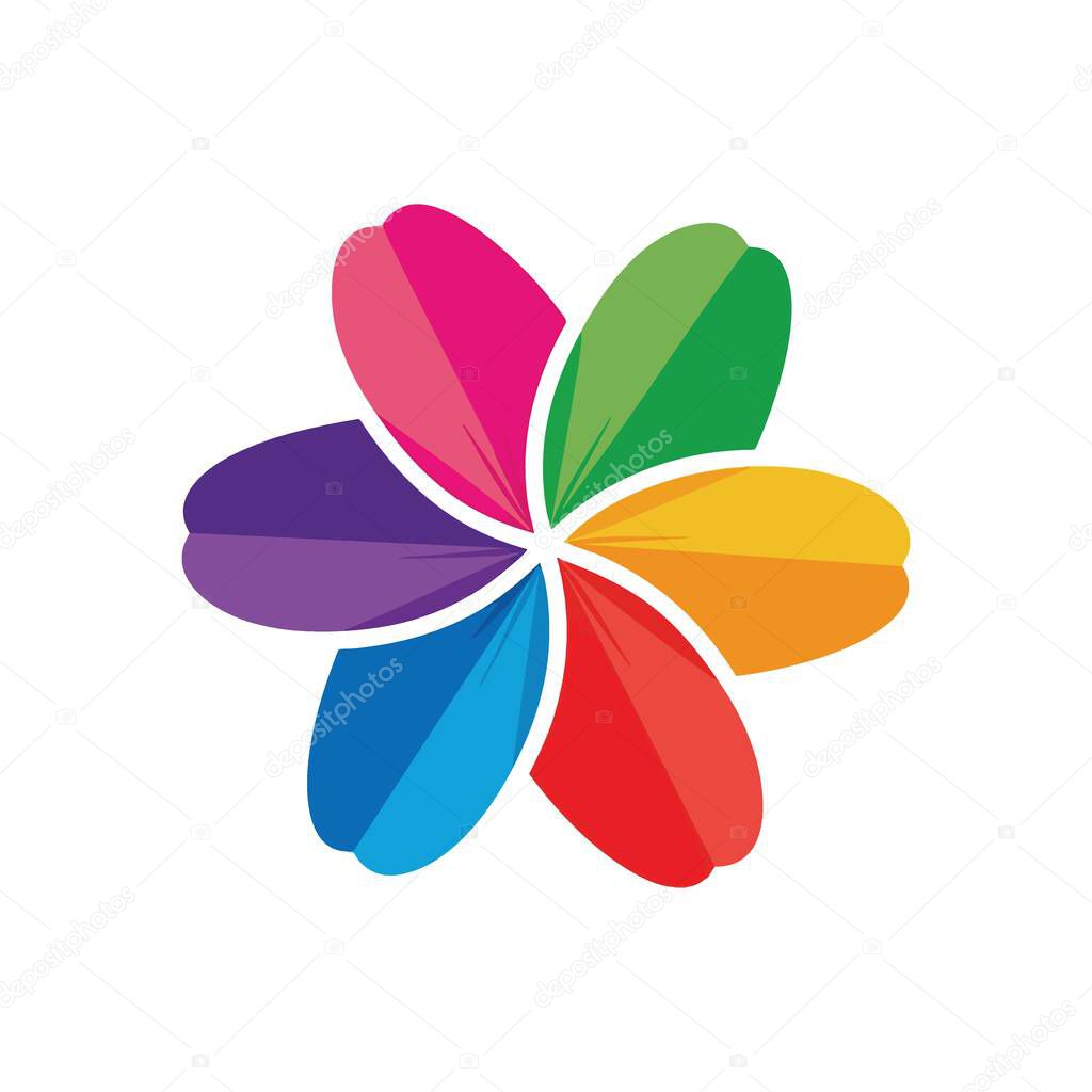 Colorful Abstract Petals Logo. A dynamic graphic featuring six distinct, vibrantly hued segments arranged in a circular formation. It represents diversity, unity, and creative connection.