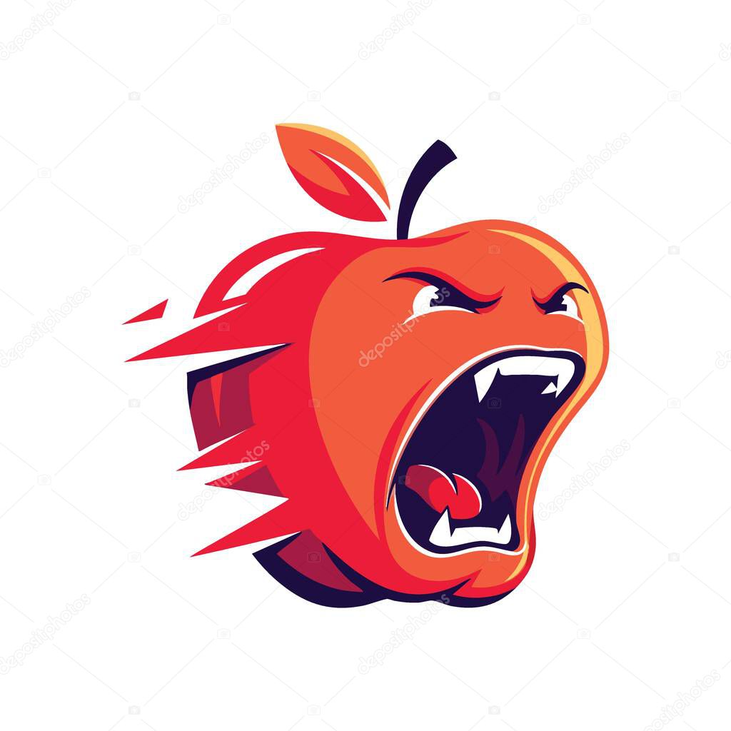 Furious Apple Mascot Logo Design. This spirited graphic depicts an enraged crimson pomme with formidable fangs, emanating a sense of fierce power and unyielding determination. Great for a bold.