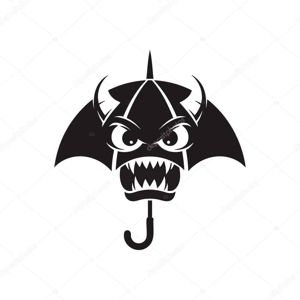 Demonic Umbrella Icon. This unsettling parasol graphic features a monstrous visage with sharp teeth and piercing eyes, symbolizing a fierce, protective, or rebellious spirit.