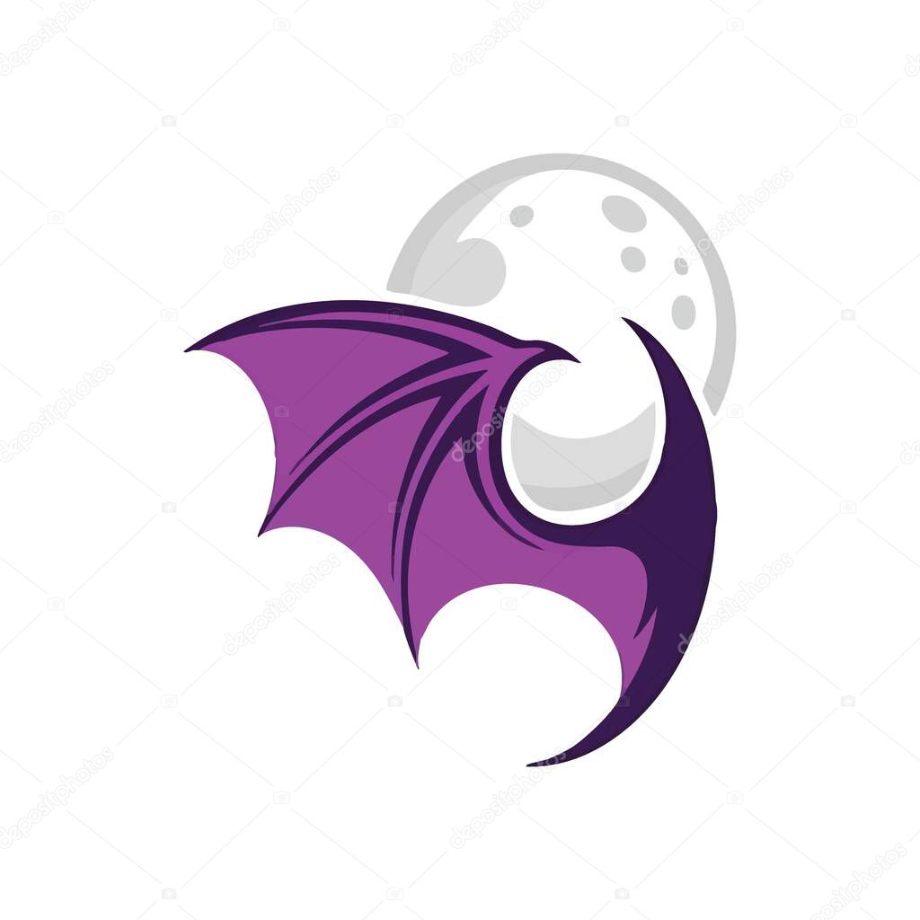 Purple Bat Wing with Crescent Moon. Striking graphic showcasing a vibrant violet flying creature limb against a bright celestial body. Evokes nighttime magic and mythical wonder.
