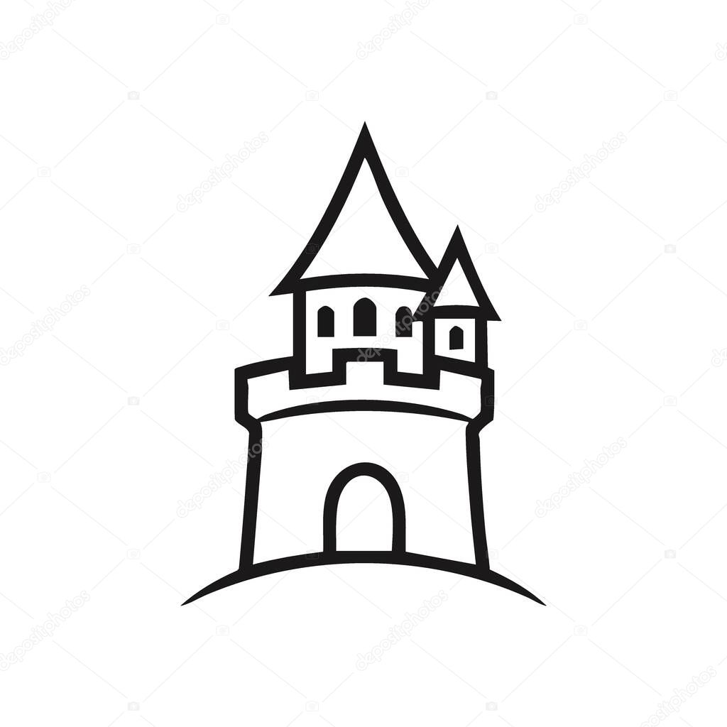 Minimalist Castle Icon Design. Clean linear stronghold graphic in monochrome. This isolated stronghold symbol evokes tales, protection, and historical architecture.
