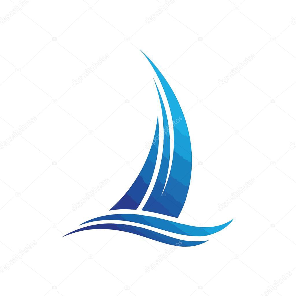 Dynamic Blue Sail Boat Emblem. Abstract graphic of a graceful vessel atop rolling water. This insignia embodies progress, exploration, and the boundless spirit of discovery.