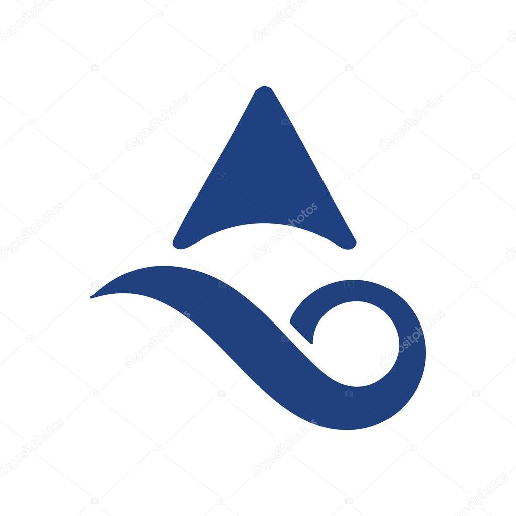 Blue Peak Wave Abstract Graphic. A stylized azure emblem depicting an ascending form above a fluid curve. This design suggests progress, flow, and natural harmony.