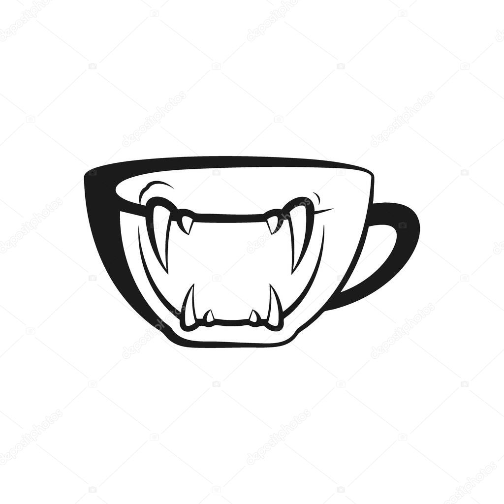 Vampire Coffee Mug Fangs Design. Monochrome illustration of a beverage vessel displaying intimidating teeth. Conveys dark energy, ideal for spooky themes or a stimulating morning ritual.
