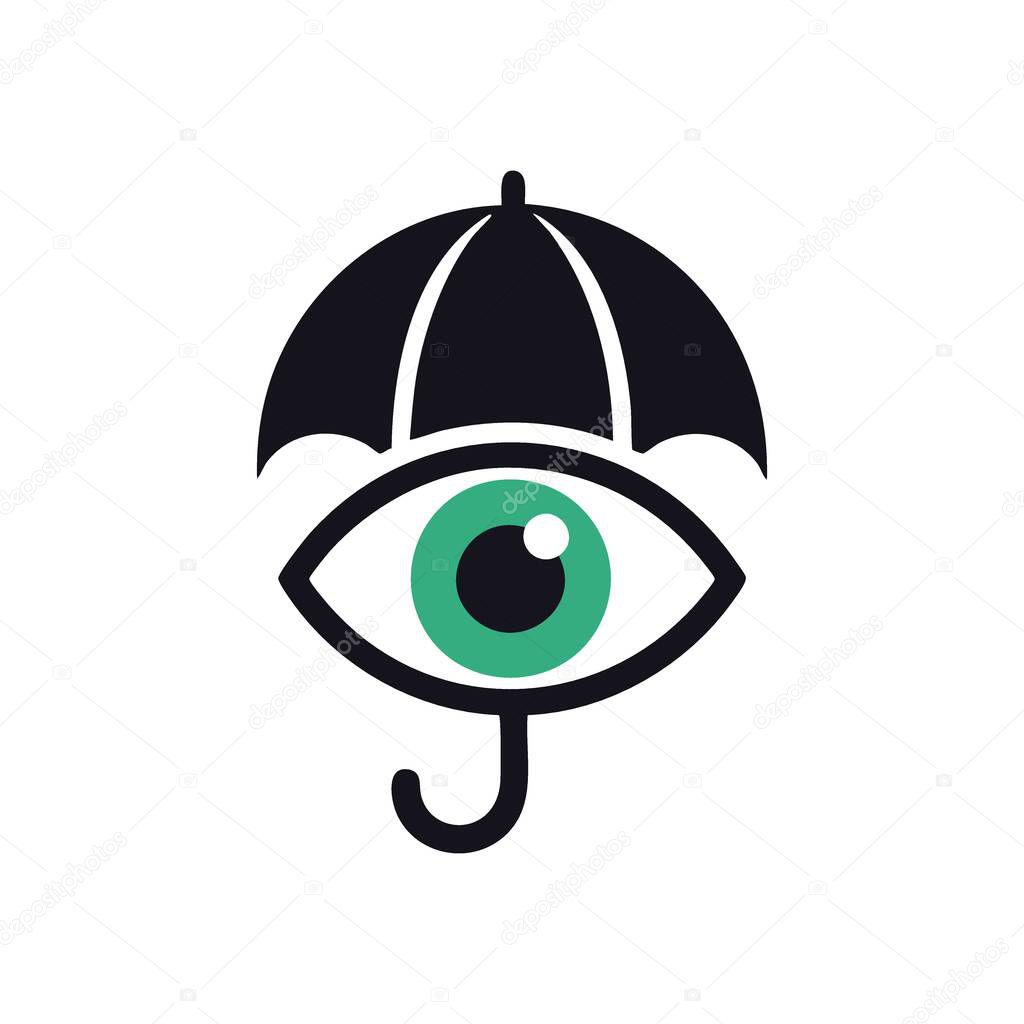 Cyber Security Eye Umbrella Logo. Abstract illustration of a vigilant ocular symbol beneath a protective parasol, symbolizing internet defense, data privacy, and discreet observation.