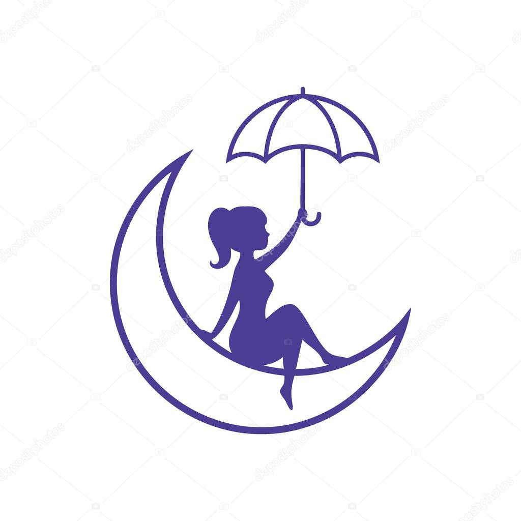 Lunar Woman with Umbrella Silhouette. An enchanting female figure rests on a graceful lunar arc, holding an open parasol. This artistic silhouette embodies fantasy and nocturnal peace.
