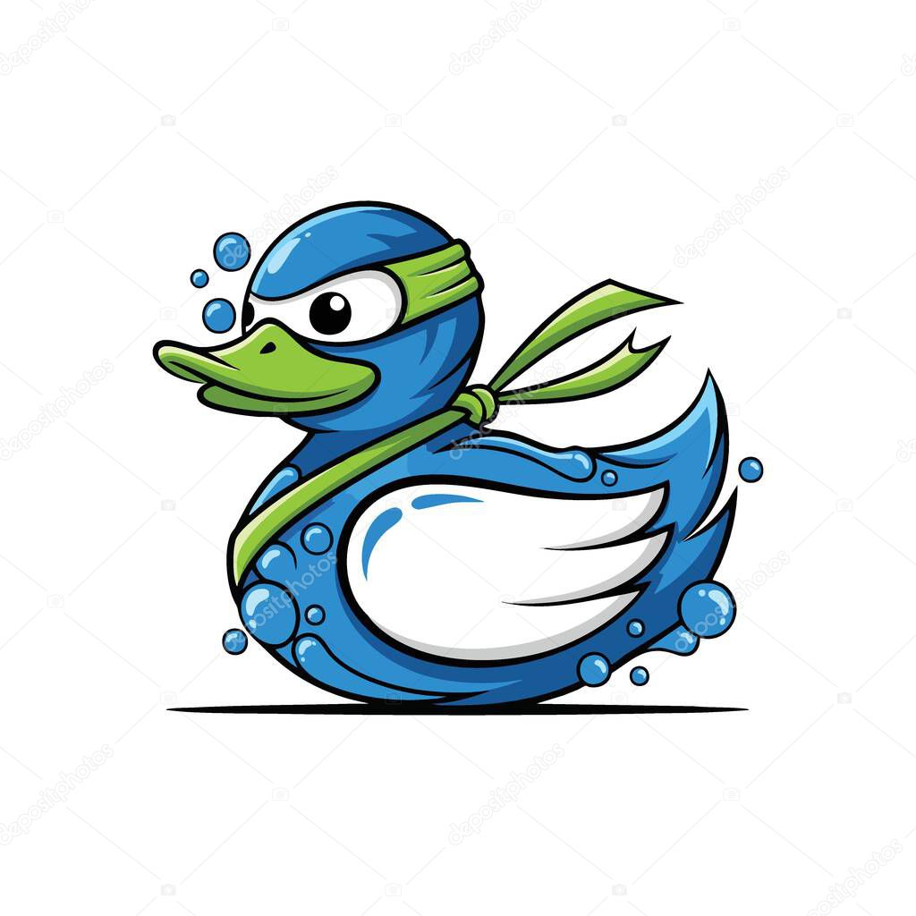 Playful Rubber Duck Ninja. A spirited blue bath toy illustration portrays a nimble warrior with a green bandana, amidst effervescent spheres. Conveys joyful adventure.