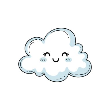 Sevimli Mutlu Bulut Simgesi. Karanlık bir arka planda neşeli bir ifadesi olan sevimli, neşeli bir gökyüzü elementi. Bu büyüleyici grafik hafiflik ve huzuru çağrıştırıyor..