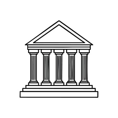 Klasik Binalar Dış Hattı. Siyah üzerine büyük bir yapının basit beyaz grafiği. Bu ikonik tasarım istikrar, adalet, bilgi ve hükümet temellerini temsil eder..