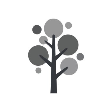 Minimalist Gri Ağaç Çizimi. Çağdaş bir grafik basitleştirilmiş bir bitki siluetine sahiptir. Gri ve çeşitli yuvarlak renkler büyümeyi temsil eden organik elementleri simgeler..