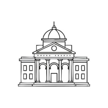 Kubbeli Yapı Mimarisi. Seçkin bir mimari yapıyı tasvir eden minimalist çizgiler. Miras, yönetim ve öğrenme kavramlarını çağrıştırıyor.