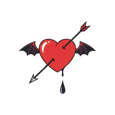 Gergin Kalp Yarasa Kanatları Oku delindi. Koyu zarlı uzantıları ve akan bir damlası olan, bir şaft tarafından saplanmış, kırmızı bir organın sembolik çizimi. Şiddetli bir romantizm ya da derin bir acı taşır..