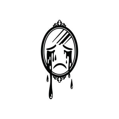 Kederli Ayna Görüntüsü. Süslü bir aynanın büyük gözyaşları döktüğünü, derin üzüntü, iç mücadele ve duygusal üzüntüyü somutlaştırdığını gösteren sembolik bir çizim. Yansımayı temsil ediyor..