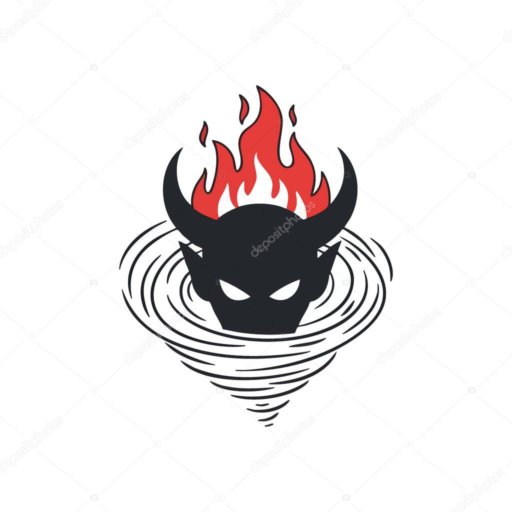 Infernal Vortex Fiend Head. Stylized depiction of a monstrous creature's visage, crowned with vibrant flames and enveloped by an intense spiraling whirlwind. Represents chaos and primal power.