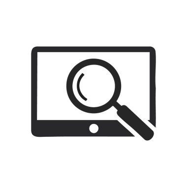 Dijital Arama Tableti Simgesi. Ekranın üzerinde büyüteç, derinlemesine araştırma, veri analizi ve bilgi keşiflerini simgeleyen parlak bir grafik..
