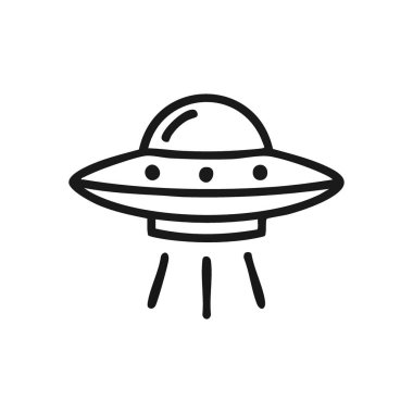 UFO Uçan Daire Taslak Simgesi. Karanlık bir zemin üzerinde ışık saçan kozmik bir geminin parlak bir grafiği. Uzaylı yaşamı, gizemi ve keşfedilmemiş keşifleri çağrıştırıyor..