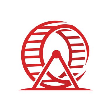 Kırmızı Hamster Tekerlek Grafiği. Çarpıcı kırmızı koşu tekerleği amblemi. Bu minimalist tasarım sürekli çaba, günlük rutinler veya yaşamın döngüsel doğası kavramlarını aktarır..