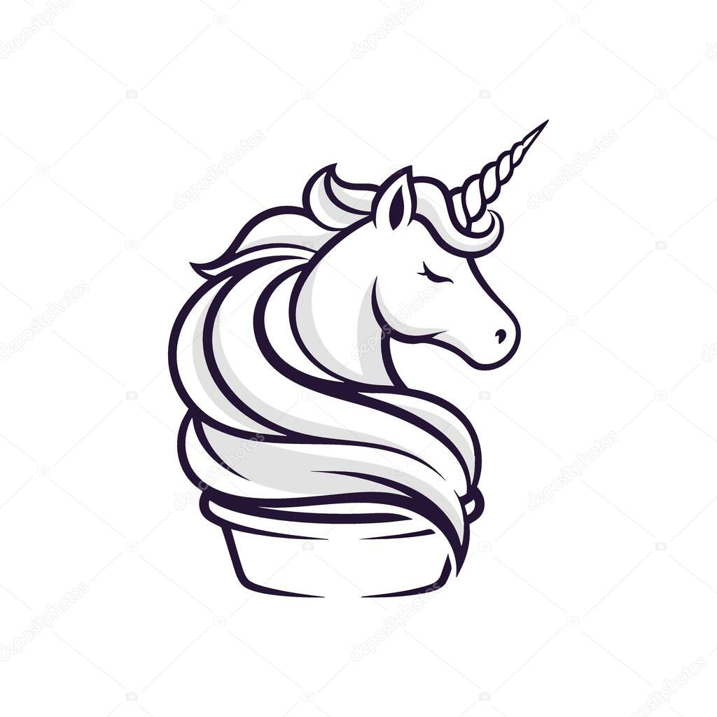 Magical Unicorn Cupcake Fantasy. Whimsical equine creature head with horn, resembling a delightful baked confection's frosting. This charming mythical beast design represents dreams and enchantment.