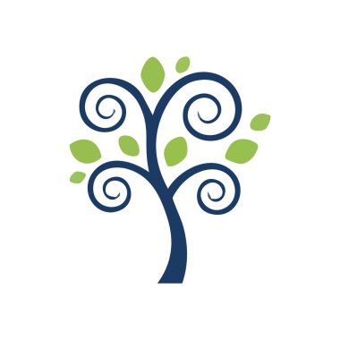 Zarif Girdap Ağacı Simgesi. Zarif sarmal dallar ve taze yapraklar içeren canlı bir mavi ve yeşil organik amblem, gelişen yaşamı ve çevresel refahı simgeliyor..