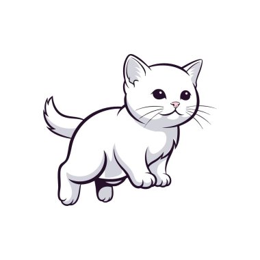 Sevimli Beyaz Kedi Çizgi Filmi Sanatı. Bu sevimli küçük kedi çizimi, çocuk projeleri için mükemmel, açık renkli bir evcil hayvana ev sahipliği yapıyor. Gençlik oyunculuğu ve masumiyeti simgeler..