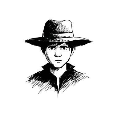 Şapkalı Gizemli Adam. Geniş kenarlı bir şapka takan birinin çarpıcı grafik tasviri. Onların kasvetli ifadeleri ve aydınlatmaları gizemi ve gizemli bir havayı çağrıştırıyor..