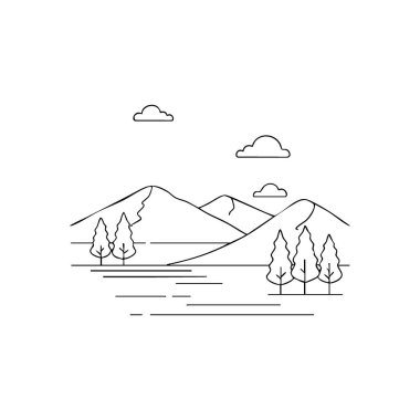 Huzurlu Dağ Manzarası 'nda kamp yapmak. Sakin bir gökyüzünün altında çadır, yükselen tepeler, yemyeşil ormanlar ve akan bir nehir olan sakin bir açık hava manzarasının minimalist siyah ve beyaz çizimi. Çağrılar.