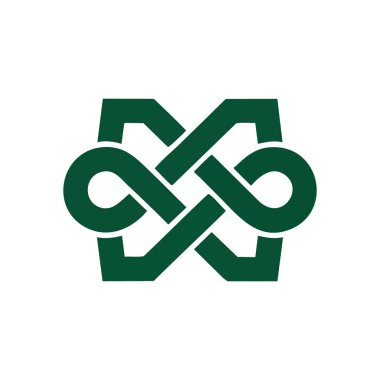 Modern Green Interwoven Geometrik Sembol. Derin bir arkaplanda parlak, yeşil, soyut bir amblem. Karmaşık dokuma şekli devamlılığı, birliği ve güçlü, sofistike bir tasarımı simgeliyor..