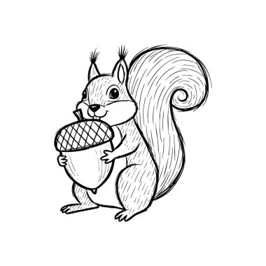 Meşe palamutlu, şakacı sincap. Sevimli çizilmiş orman yaratığı büyük bir tohum depoluyor. Hazırlık, doğa ve sonbaharın neşeli özünü çağrıştırıyor..