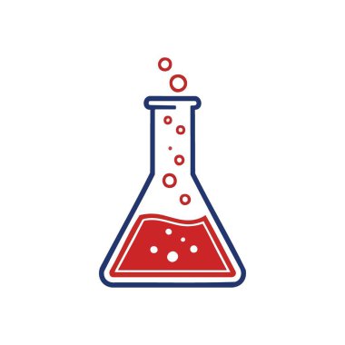 Dinamik Bilim Şişesi İllüstrasyonu. Coşkulu kırmızı sıvı, somut keşif, akademik gelişme ve yenilik içeren bir koni laboratuvar gemisinin minimalist grafiği.