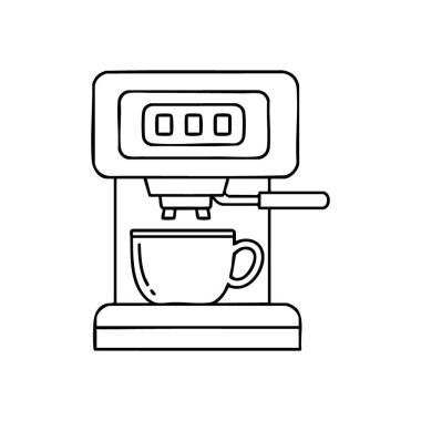 Kahve Aletleri ve Kupa Sembolü. Ev yapımı bir cihazın ve bir aracın minimalist vektör grafiği, günlük ritüeli somutlaştıran sabah enerjisi ve konforu..