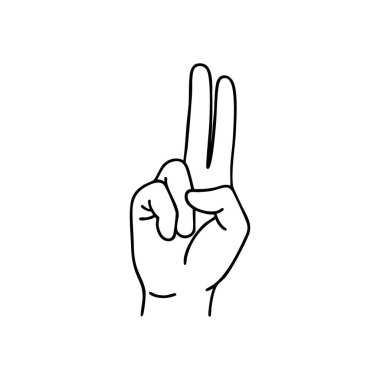 Barış ve Zafer Elleri işareti. V hareketini oluşturan siyah beyaz minimalist bir el kaldırma grafiği. Bu sembol uyum, başarı ve birliği temsil eder..