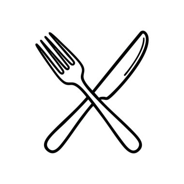 Yemek Çatal bıçak ikonu. Karanlık bir zemin üzerinde çatal bıçak takımını geçmenin stilize grafiği, yemek servisi işleri ve aşçılık işletmeleri için mükemmel. Gurme deneyimlerini belirtir.