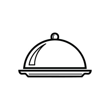Restoran, Kubbe Simgesi Servisi. Tepside yemek servisi yapan beyaz bir saat tasvir eden, sofistike bir mutfak, kaliteli bir servis ve özel bir mutfak sürprizi sunan minimalist bir grafik..