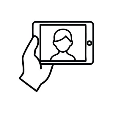 Mobil Video Arama Simgesi. El bilgisayarı üzerinde bir bireyi gösteren belirgin bir grafik. Bu resim uzak iletişimi ve küresel sanal bağlantıyı temsil ediyor..