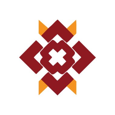 Canlı simetrik geometrik desen. Evet. Koyu arkaplanda kestane rengi şekiller ve turuncu aksanlarla çevrili merkezi beyaz artı işareti içeren çarpıcı bir sanatsal kompozisyon. Hassasiyeti iletir ve.