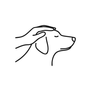 Nazik El Okşayan Köpek İllüstrasyonu. Minimalist tasarım mutlu bir köpeği okşayan bir insanı gösteriyor. Sıcaklığı, dostluğu ve duygusal bağı simgeler..