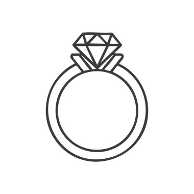 Elmas Yüzük Simgesi Taslak. Parlak bir mücevher taşıyla değerli bir nişan bandının minimalist çizgisi çizimi. Sevgiyi, evliliği ve daimi bağlılığı simgeler..
