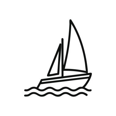 Minimalist yelkenli gemisi Simgesi. Suyun üzerinde süzülen bir teknenin zarif beyaz çizgisi. Bu ikonik grafik sükunet, keşif ve macera taşır.