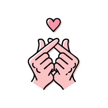 Koreli Parmak Sevgi Hareketi. Popüler basamaklı geçiş simgesini yüzen pembe bir amblemle gösteren minimalist bir illüstrasyon. Bu moda işareti derin bir sevgi, ilgi ve minnettarlık taşır..