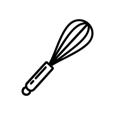 Whisk Kitchen Pişirme Aracı Simgesi. Mutfak hazırlığı ve şekerleme sanatını temsil eden, karanlık bir arka planda yemek pişirme aletinin temiz ve beyaz bir grafiği. Tasarım için ideal.