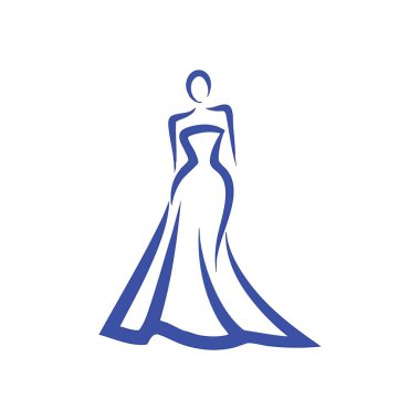 Zarif Elbise Silueti Mavi Simge. Bu minimalist illüstrasyon, zarif, zarif ve modern bir hatla güzelliği sembolize eden akıcı bir kadın giysisini tasvir ediyor..