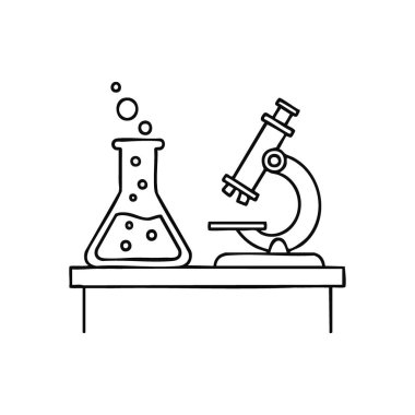 Bilim Laboratuvarı Araştırma Ekipmanları Simgesi. Bu illüstrasyon tasarımı, bilimsel cam eşyalar ve bir masanın üzerinde, keşfi, akademik çalışmayı ve yeniliği sembolize eden bir mikroskop içerir..