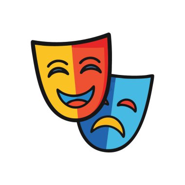 Tiyatro Trajedisi Simgesi Maskesi. Klasik sahne görüntülerinin canlı bir çizimi. Neşeli bir ifade hazzı simgeler, kederi tasvir eden melankolik bir yüzle zıtlaşır, hayatın duygusal yapısını..