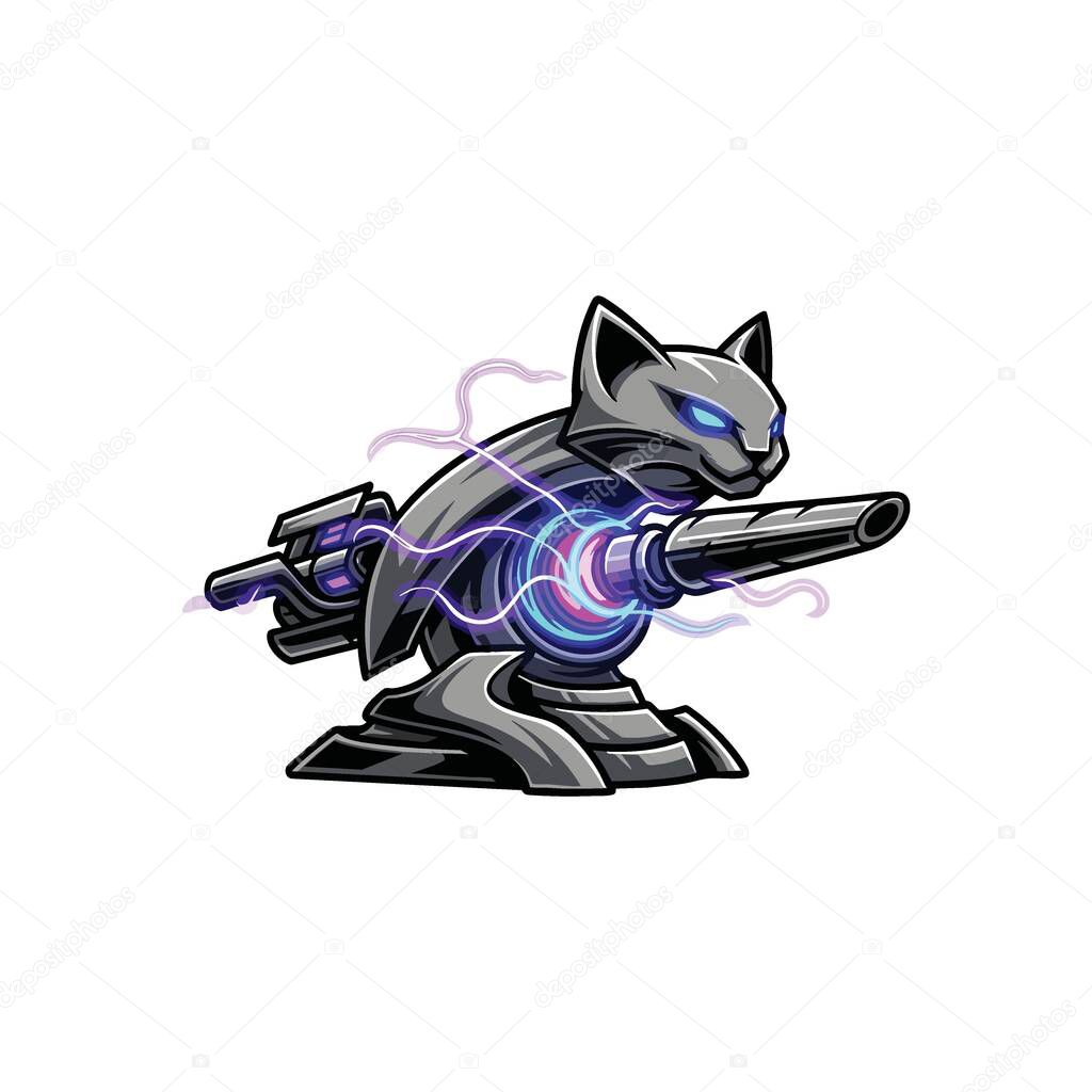 Robotic Cat Turret Mascot. A fierce mechanical feline character with glowing blue eyes, unleashing powerful energy from its weapon, symbolizing advanced protection and strategic defense.